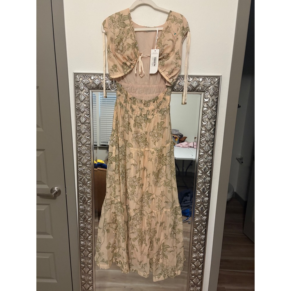 Mon Renn Wildflower Maxi Dress Floral Cut Out Tie Front Summer Pink Green g5